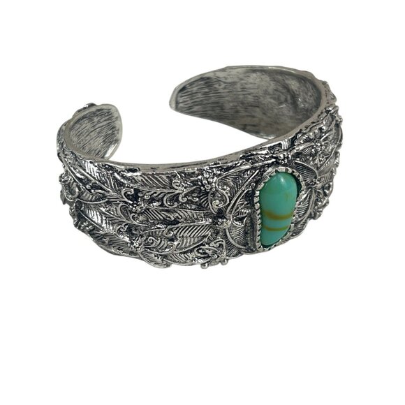 Boho Style Cuff Bracelet Silver Tone with Faux Turquoise Stone and Leaf Detail - Picture 8 of 9